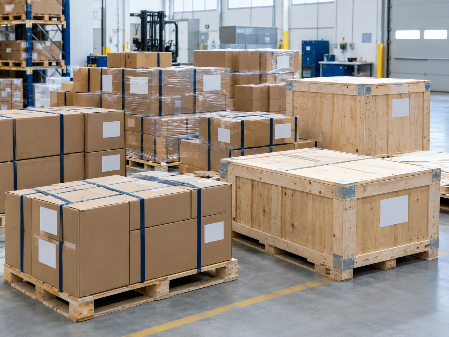 Organized warehouse shipment stacks ready for export
