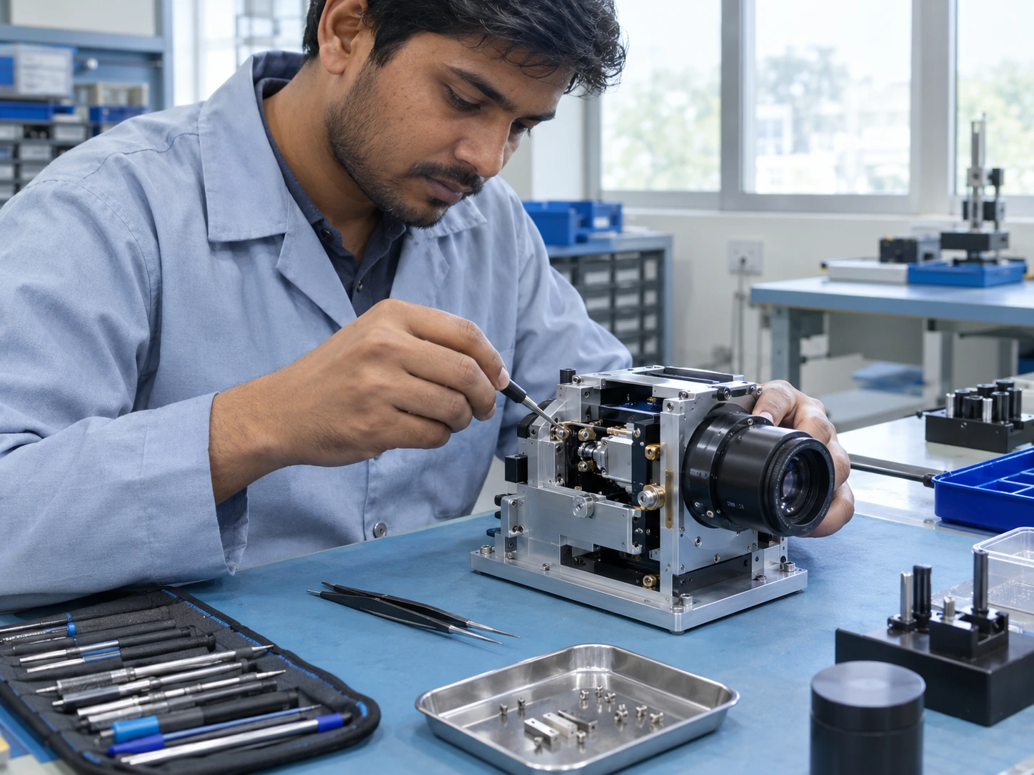 Precision instrument assembly in a workshop