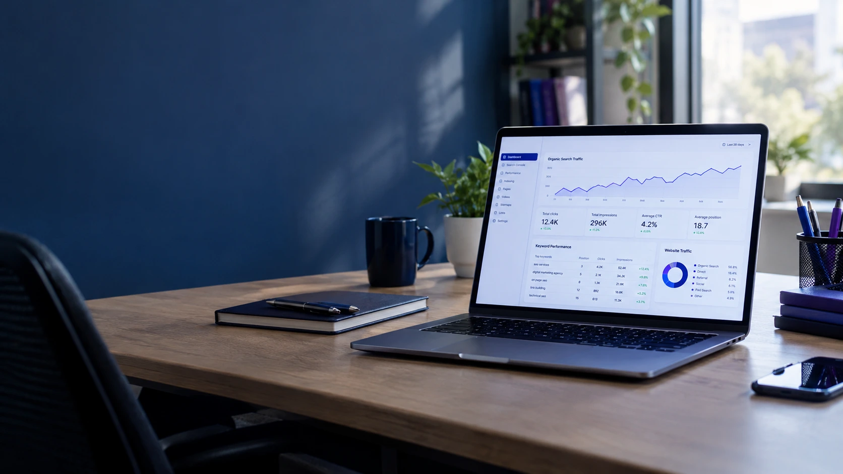 Professional SEO workspace with analytics on screen